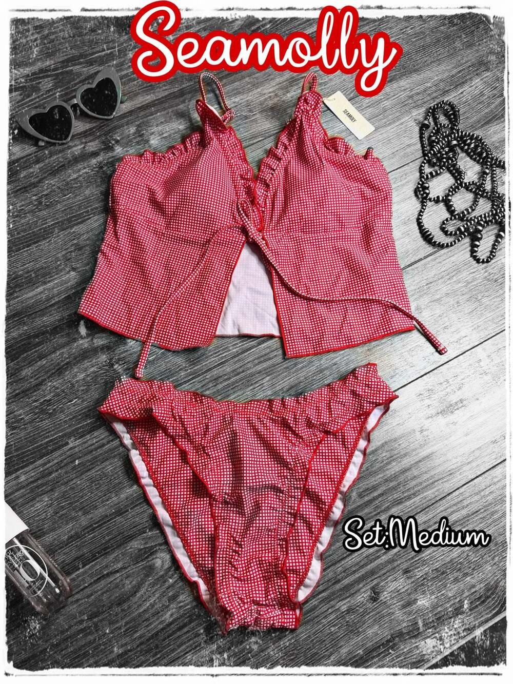 Seamoly Women's 2-Piece Red Gingham Tankini Set with Ruffles and Tie-Front